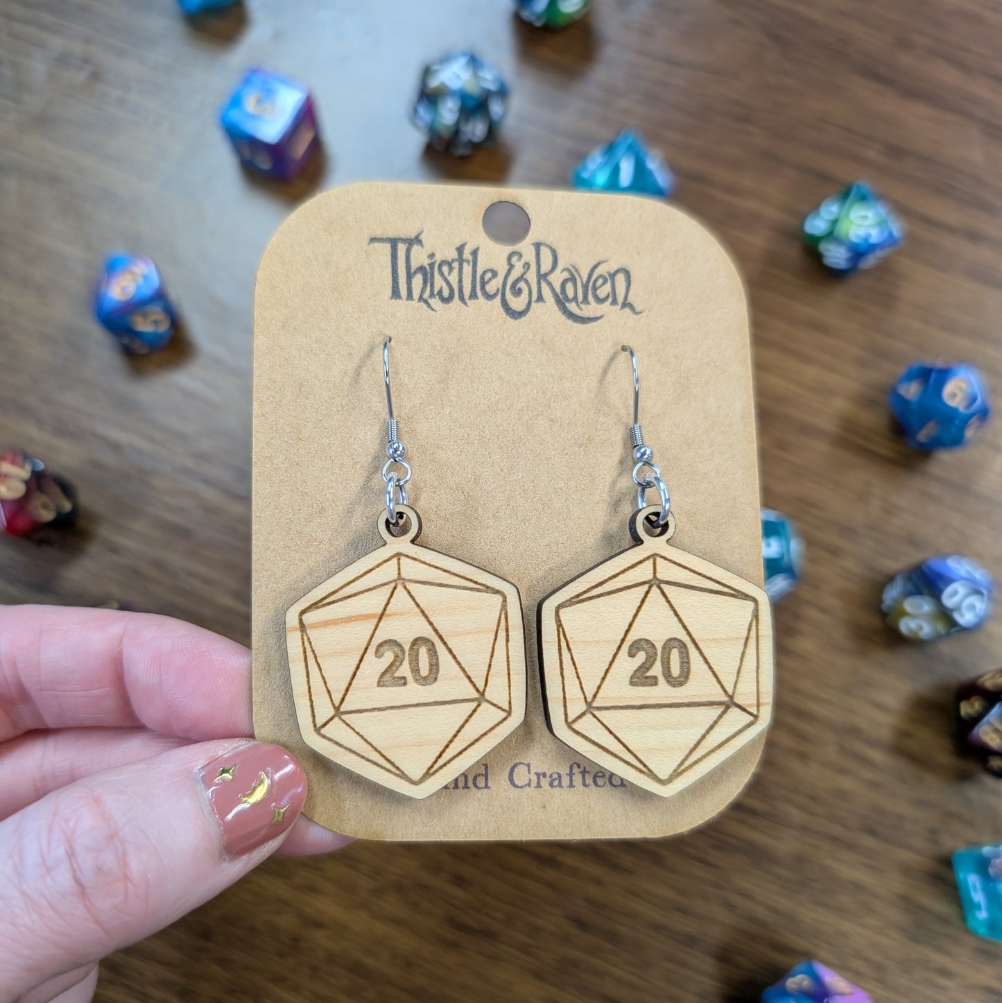 Laser Cut Wooden D20 Earrings
