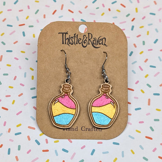 Laser Cut Wooden PANSEXUAL Pride Potion Bottle Earrings