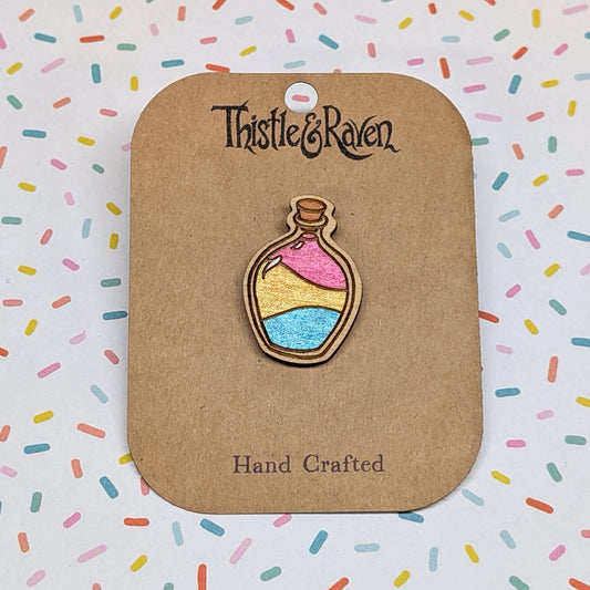 Laser Cut Wooden PANSEXUAL Pride Potion Bottle Pin