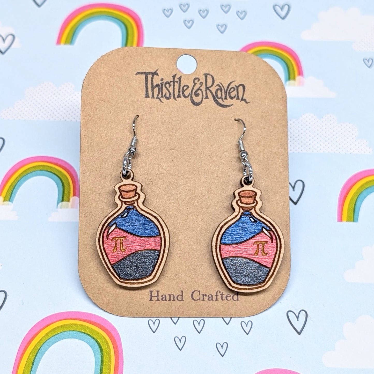 Laser Cut Wooden POLYAMORY Pride Potion Bottle Earrings