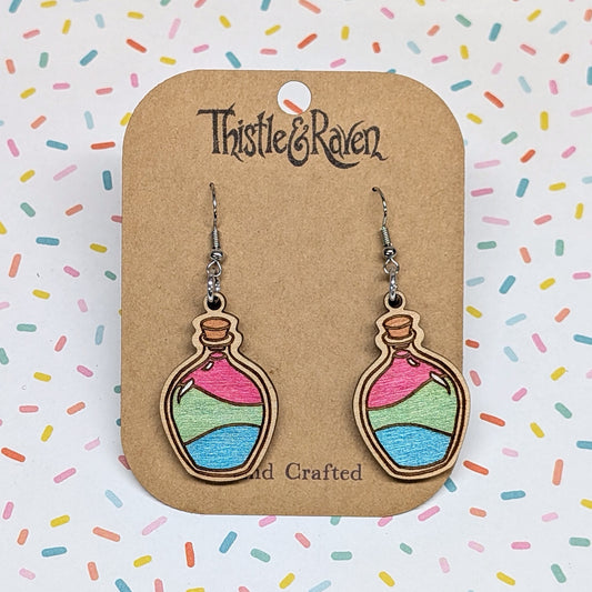 Laser Cut Wooden POLYSEXUAL Pride Potion Bottle Earrings