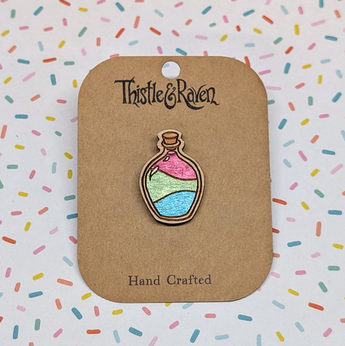 Laser Cut Wooden POLYSEXUAL Pride Potion Bottle Pin