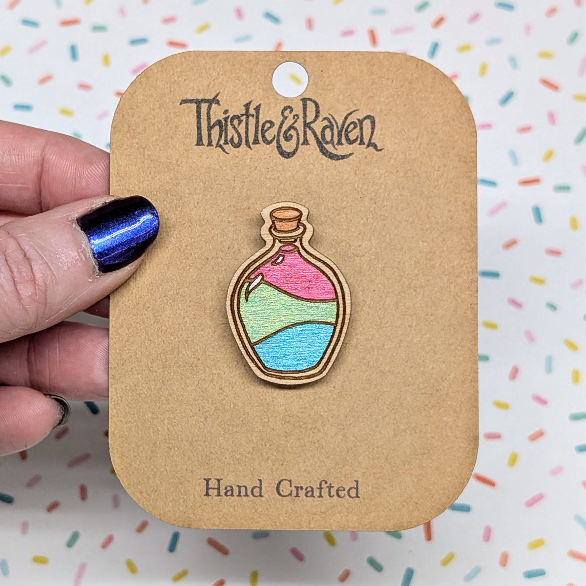 Laser Cut Wooden POLYSEXUAL Pride Potion Bottle Pin