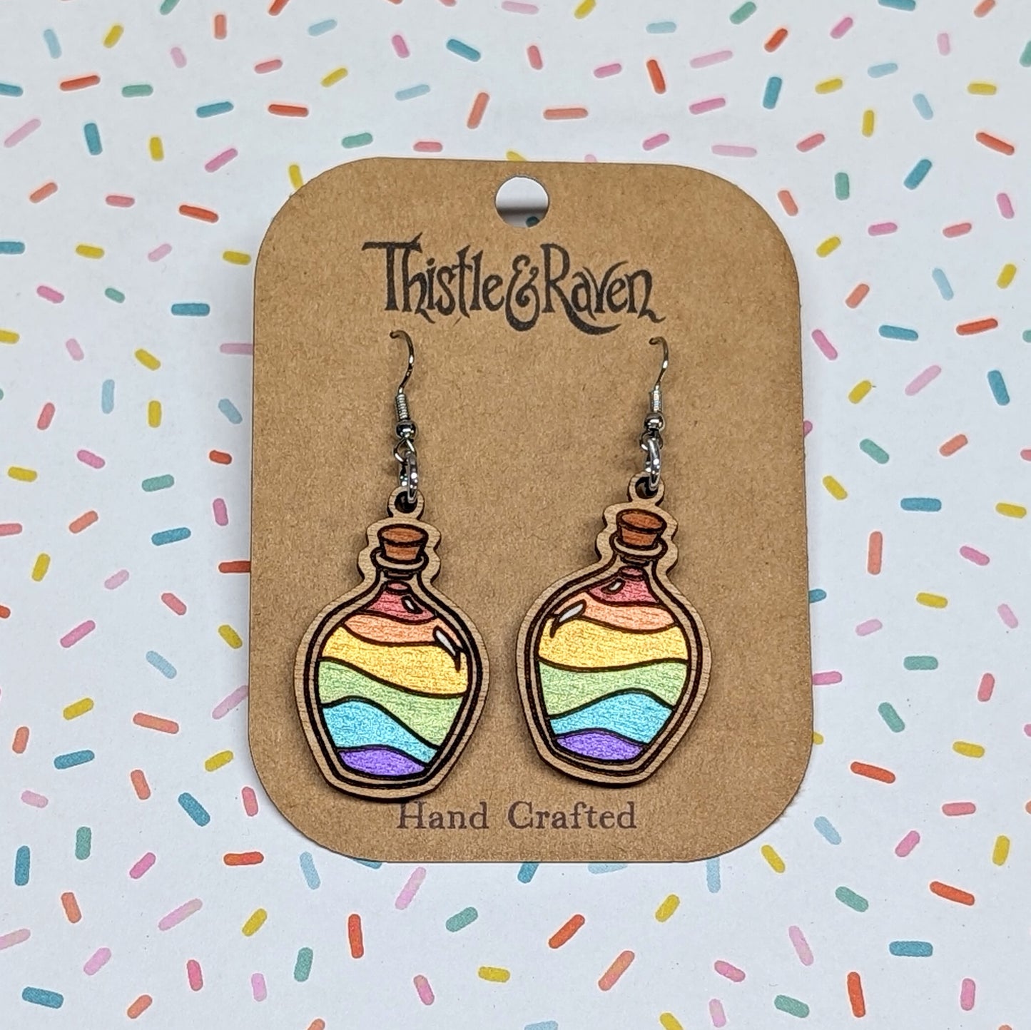 Laser Cut Wooden RAINBOW Pride Potion Bottle Earrings
