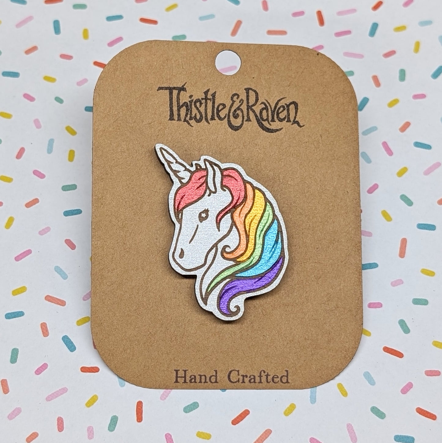 Laser Cut Wooden Hand-painted RAINBOW Unicorn Pin