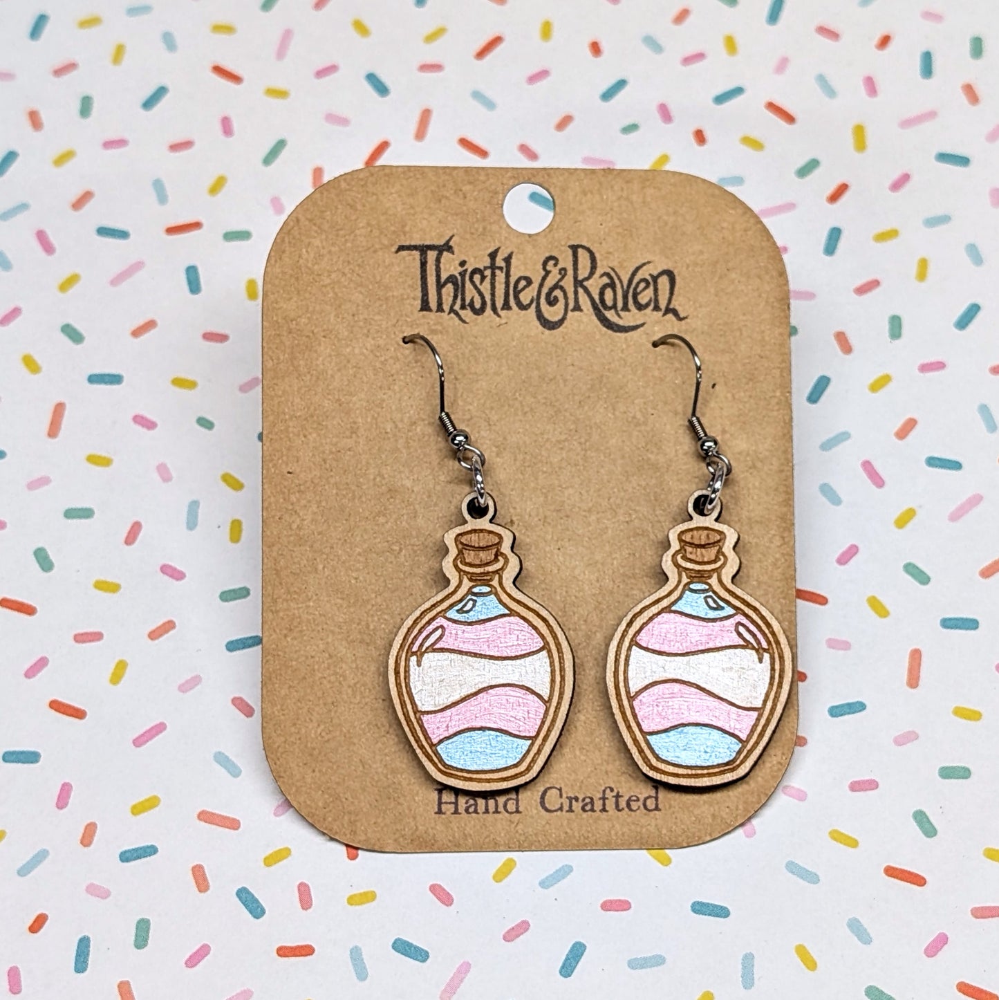 Laser Cut Wooden TRANSGENDER Pride Potion Bottle Earrings