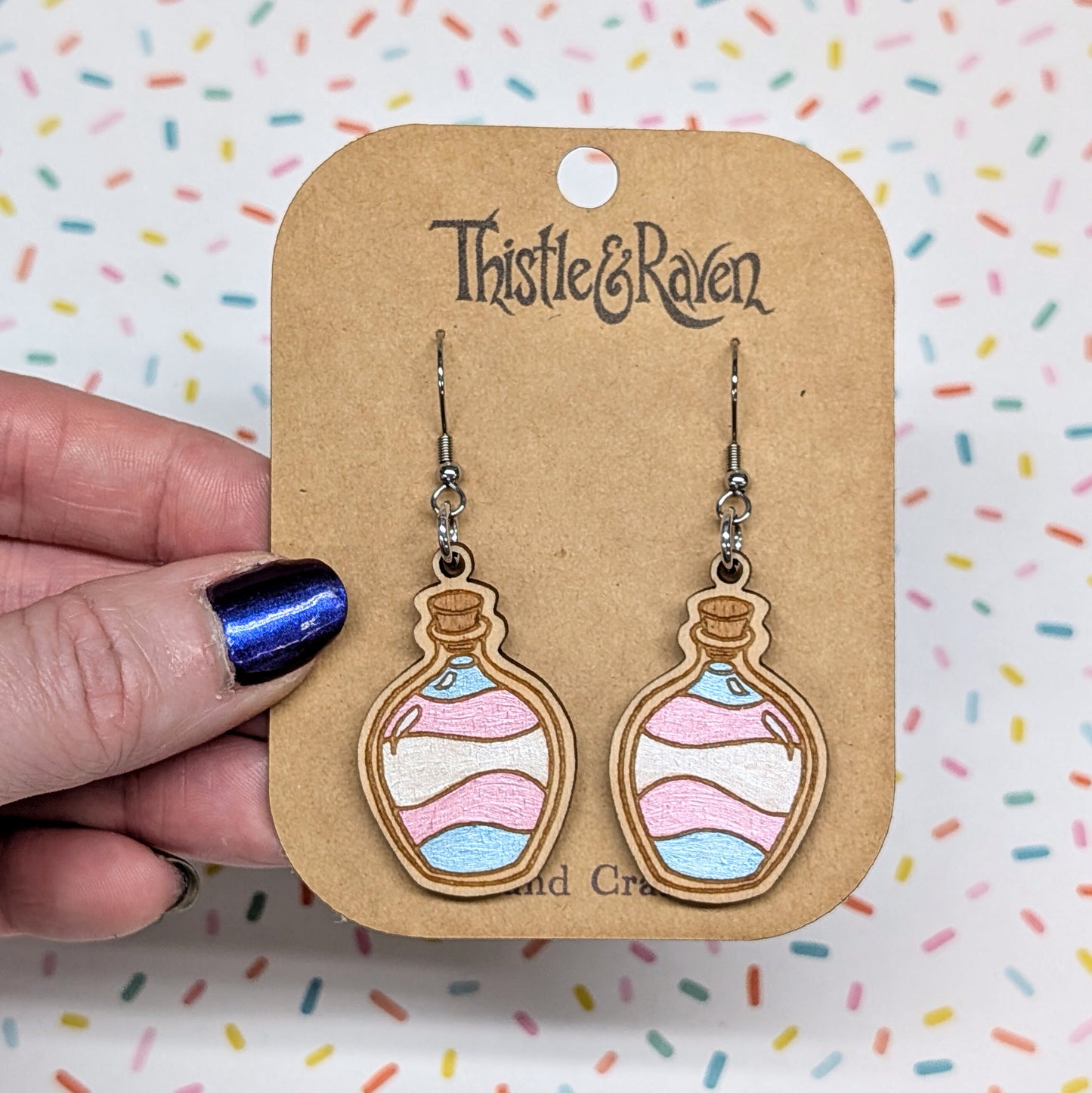 Laser Cut Wooden TRANSGENDER Pride Potion Bottle Earrings