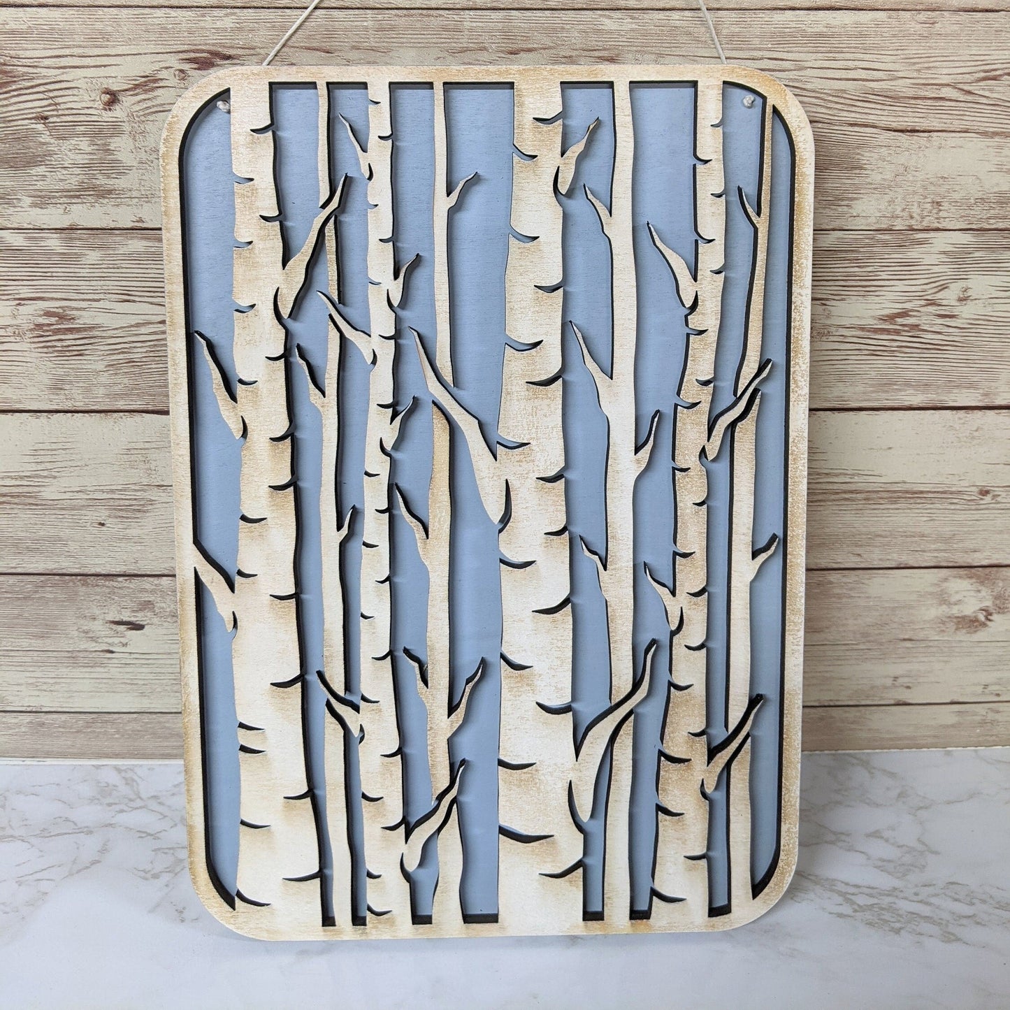 Birch Trees Wooden Laser Cut Wall Art - Light Blue Background