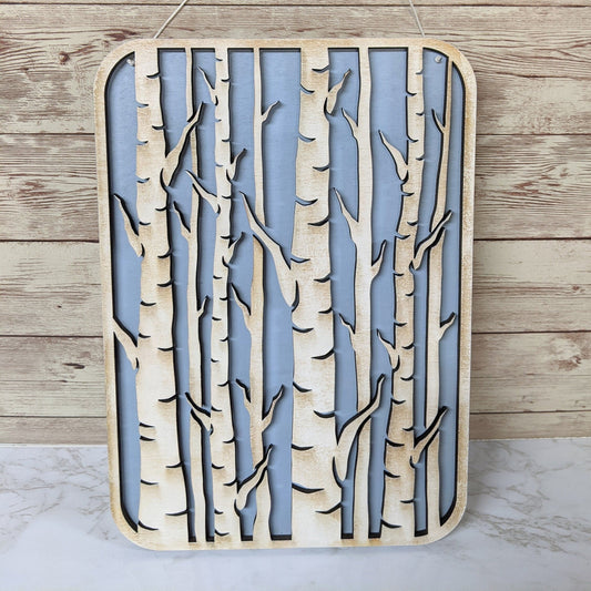 Birch Trees Wooden Laser Cut Wall Art - Light Blue Background