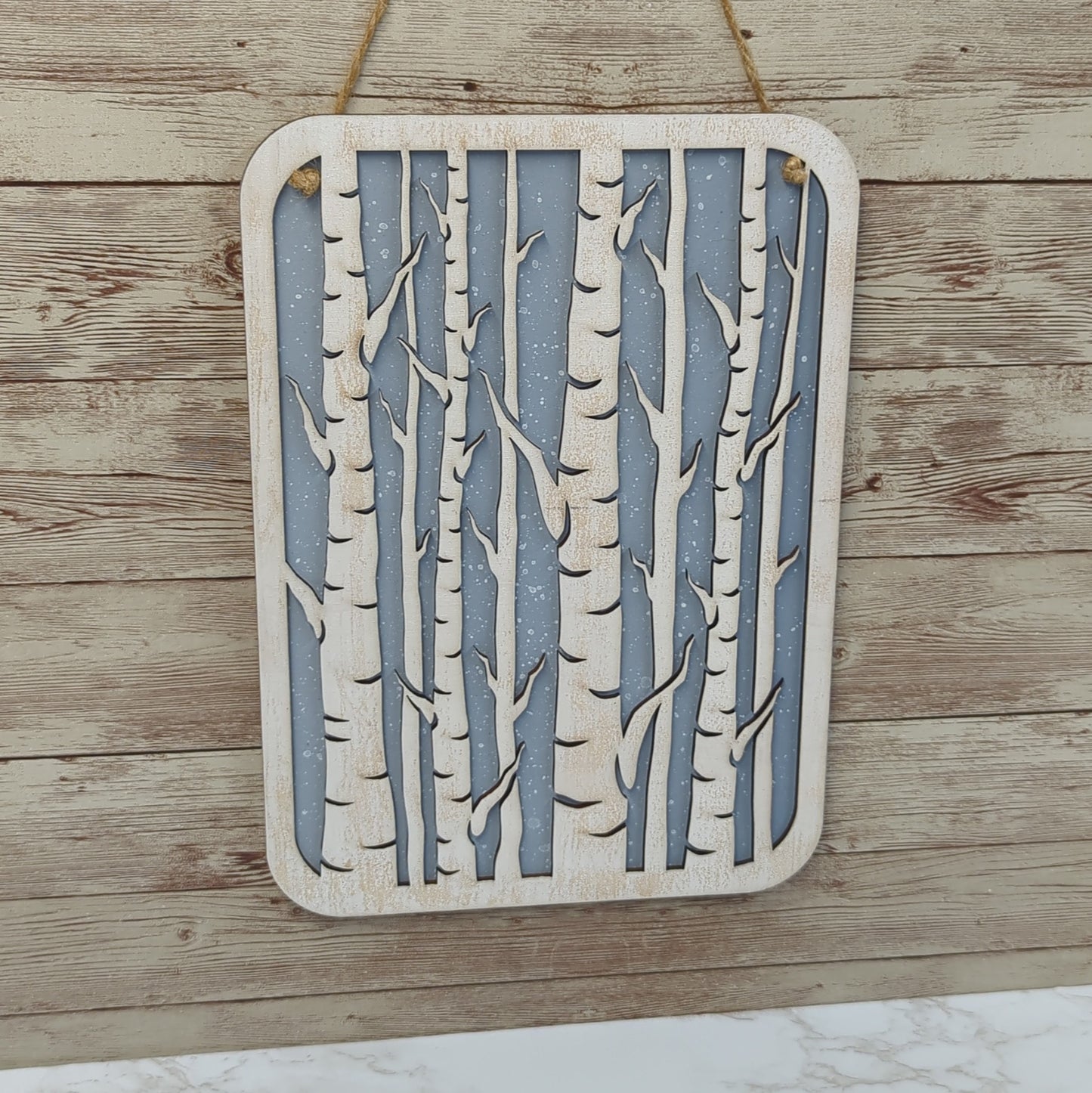 Birch Trees Wooden Laser Cut Wall Art - Grey with Snow Background