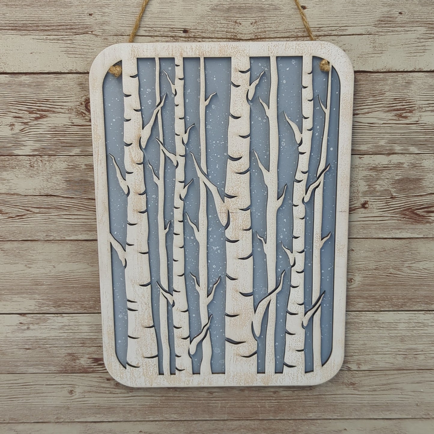 Birch Trees Wooden Laser Cut Wall Art - Grey with Snow Background