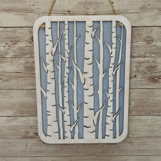 Birch Trees Wooden Laser Cut Wall Art - Grey with Snow Background