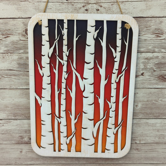 Birch Trees Wooden Laser Cut Wall Art - Sunset Background