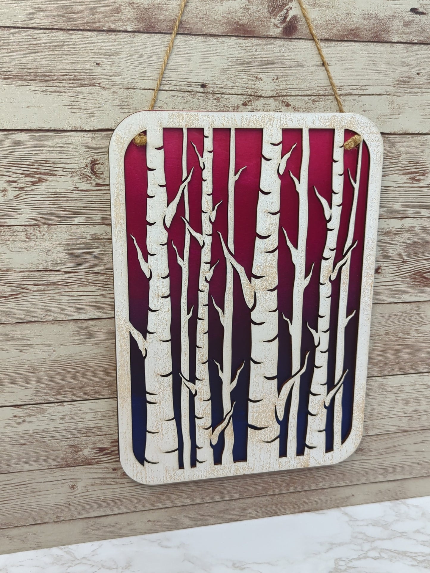 Birch Trees Wooden Laser Cut Wall Art - Pink, Purple and Blue Background