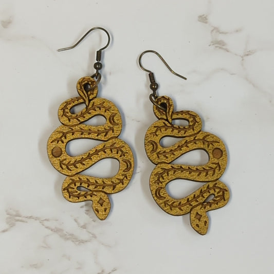 Laser Cut Wooden Golden Snake Earrings