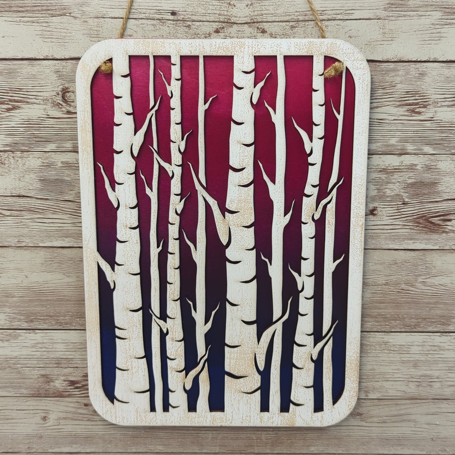 Birch Trees Wooden Laser Cut Wall Art - Pink, Purple and Blue Background