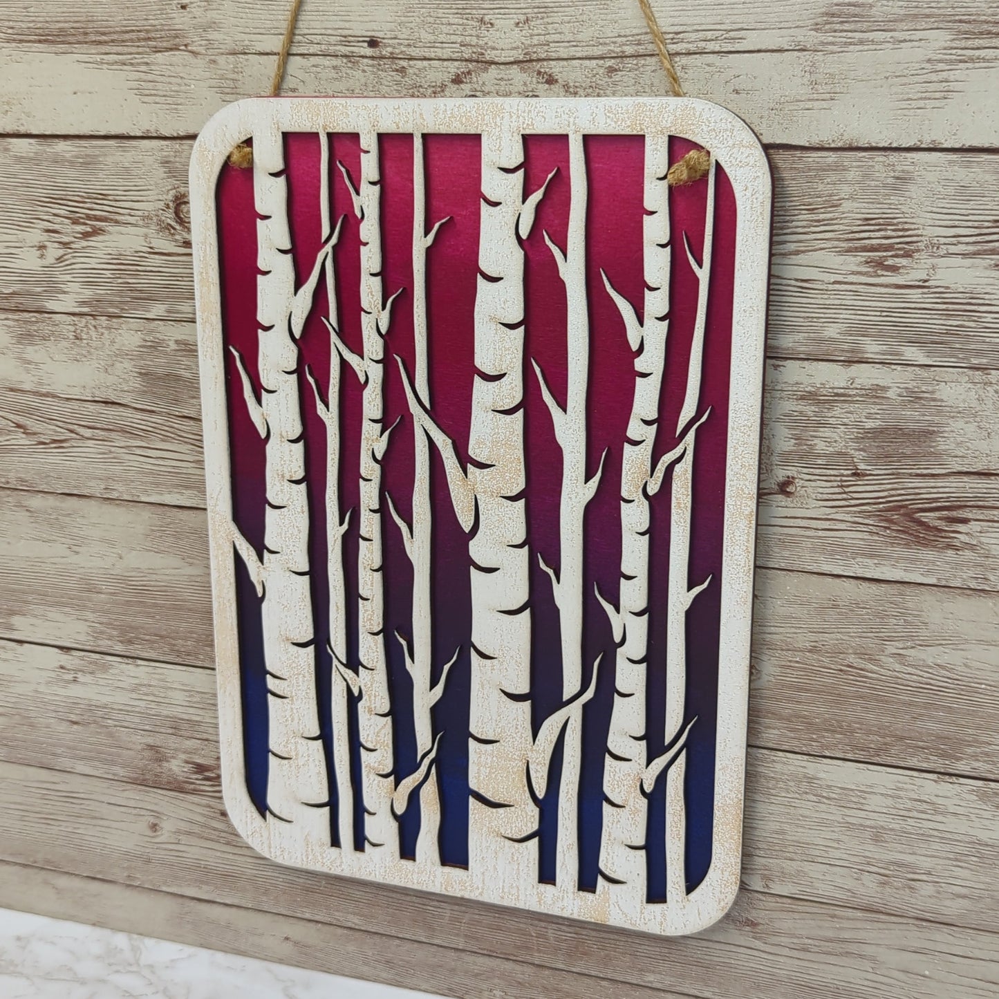 Birch Trees Wooden Laser Cut Wall Art - Pink, Purple and Blue Background