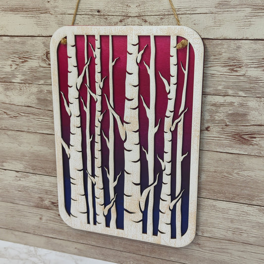 Birch Trees Wooden Laser Cut Wall Art - Pink, Purple and Blue Background