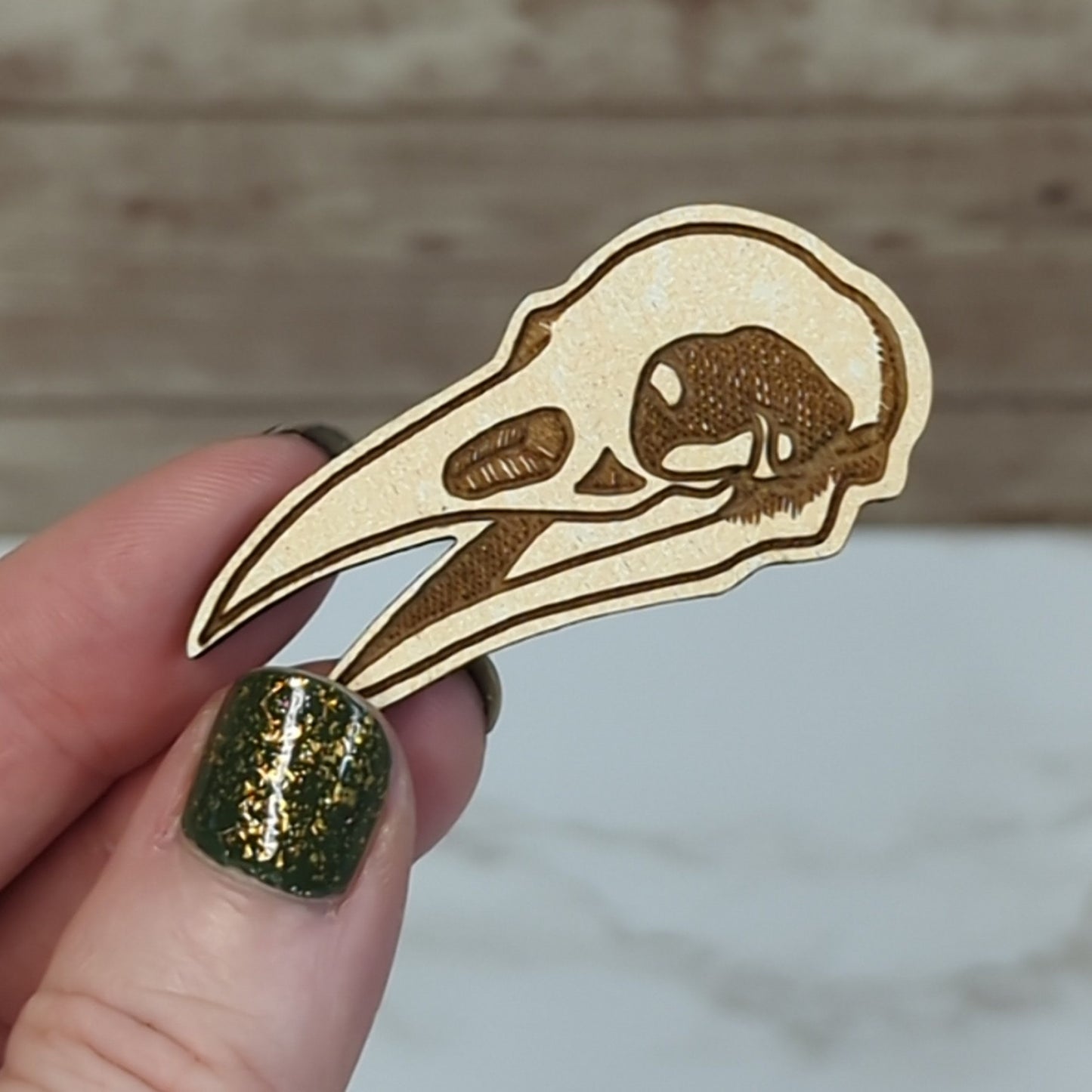 Laser Cut Wooden Crow Skull Pin