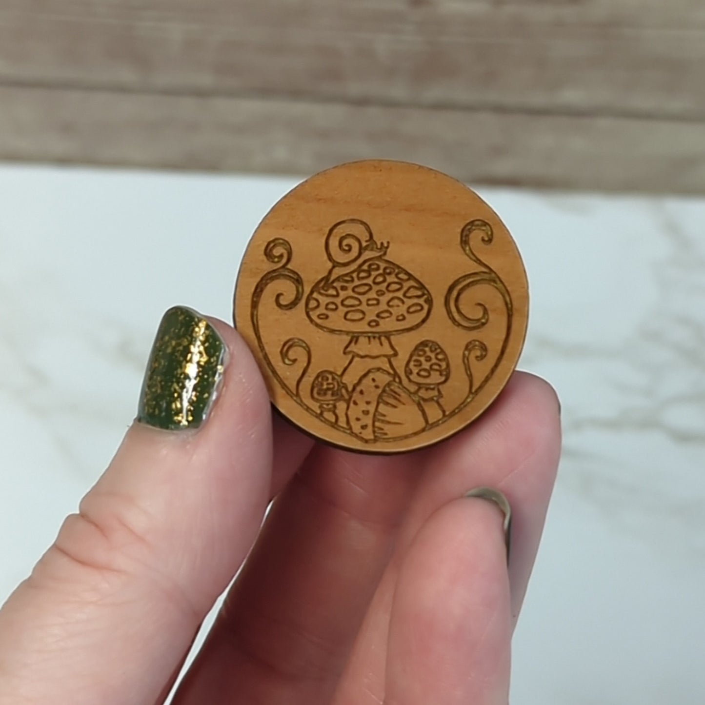 Laser Cut Wooden Mushroom with Snail Pin